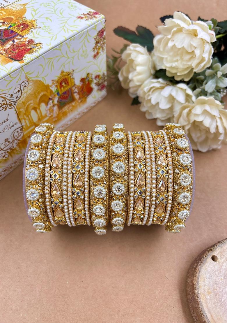 Golden Kundan Metal And Plastic Wedding Chuda Bangle Set