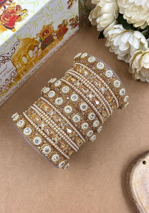 Golden Kundan Metal And Plastic Wedding Chuda Bangle Set