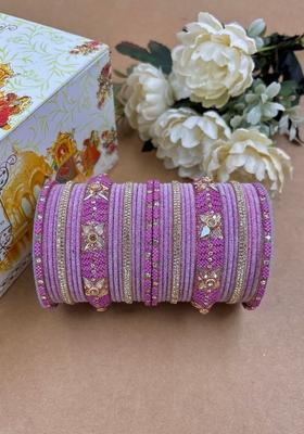 Onion Pink Velvet Metal And Plastic Wedding Chuda Bangle Set