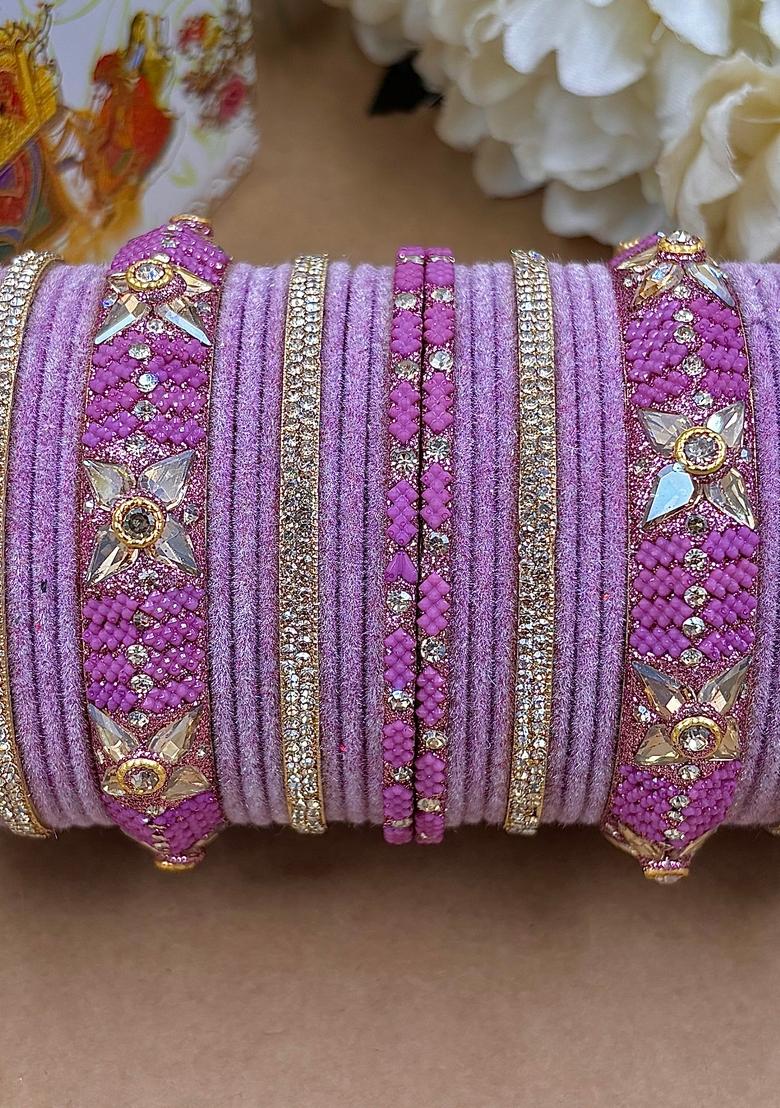 Onion Pink Velvet Metal And Plastic Wedding Chuda Bangle Set