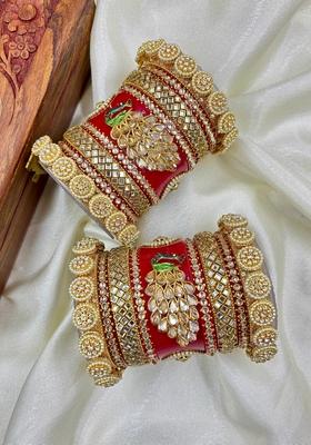 Red Rajwadi Metal And Plastic Wedding Chuda Bangle Set