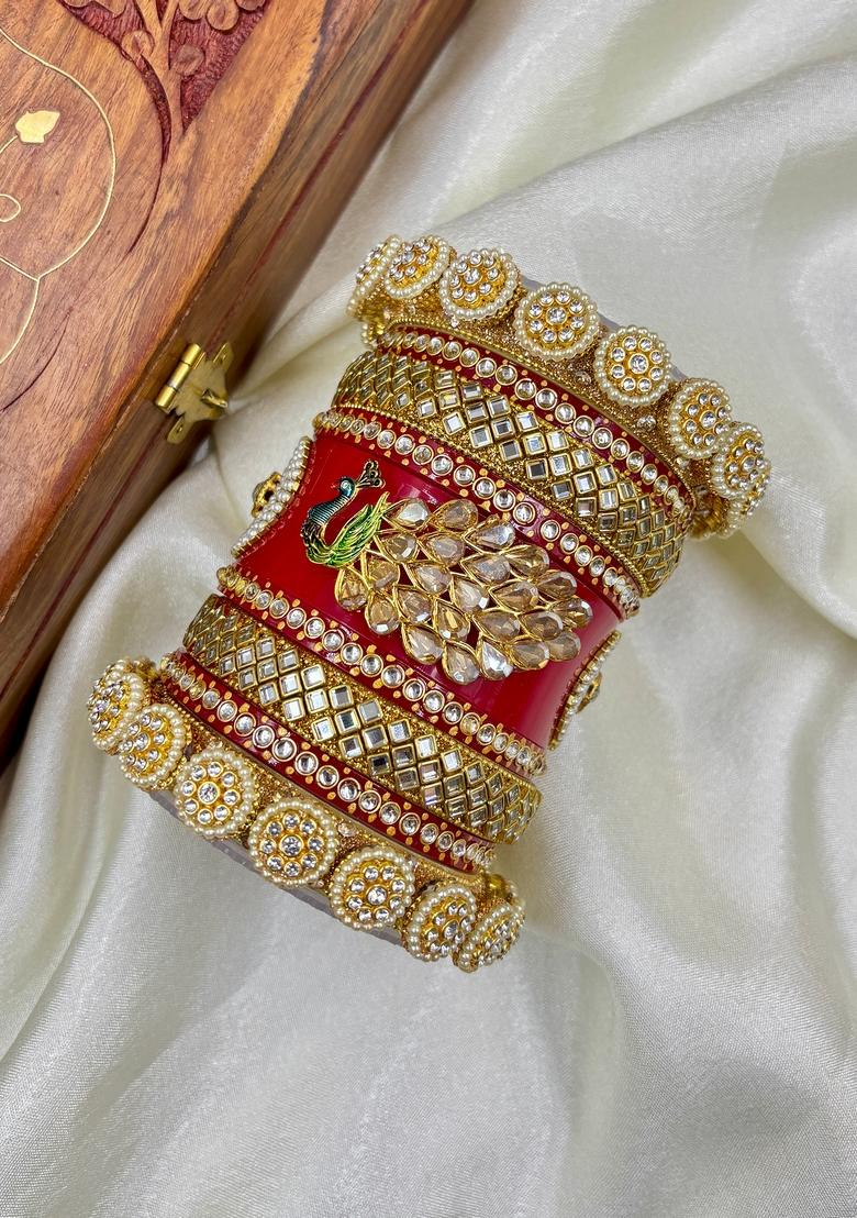Red Rajwadi Metal And Plastic Wedding Chuda Bangle Set