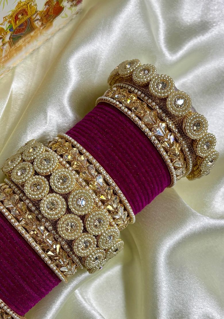 Rani Pink Velvet Metal And Plastic Wedding Chuda Bangle Set