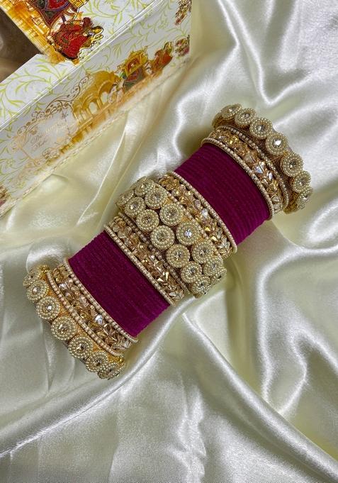 Rani Pink Velvet Metal And Plastic Wedding Chuda Bangle Set