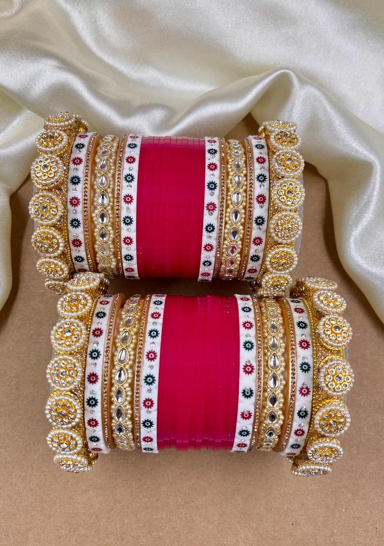 Rani Pink Punjabi Chuda Metal And Plastic Wedding Chuda Bangle Set