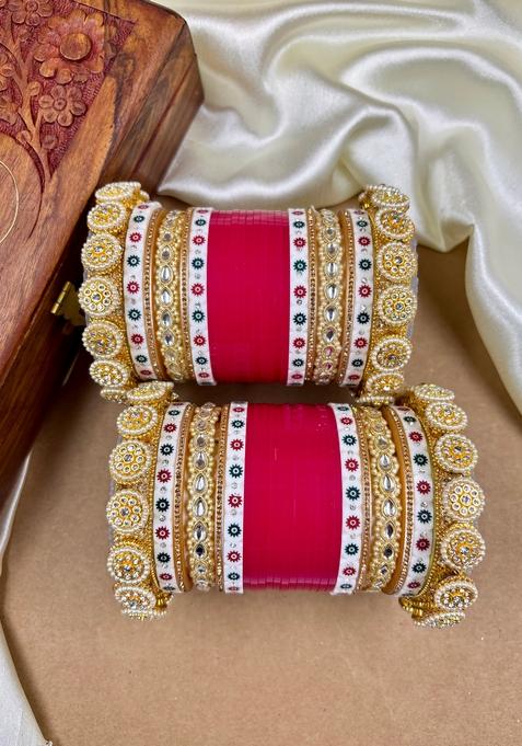 Rani Pink Punjabi Chuda Metal And Plastic Wedding Chuda Bangle Set