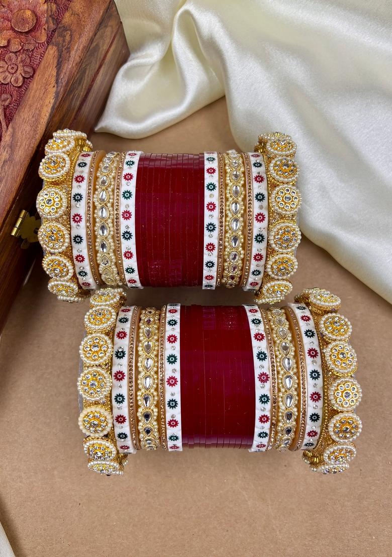 Red Punjabi Chuda Metal And Plastic Wedding Chuda Bangle Set