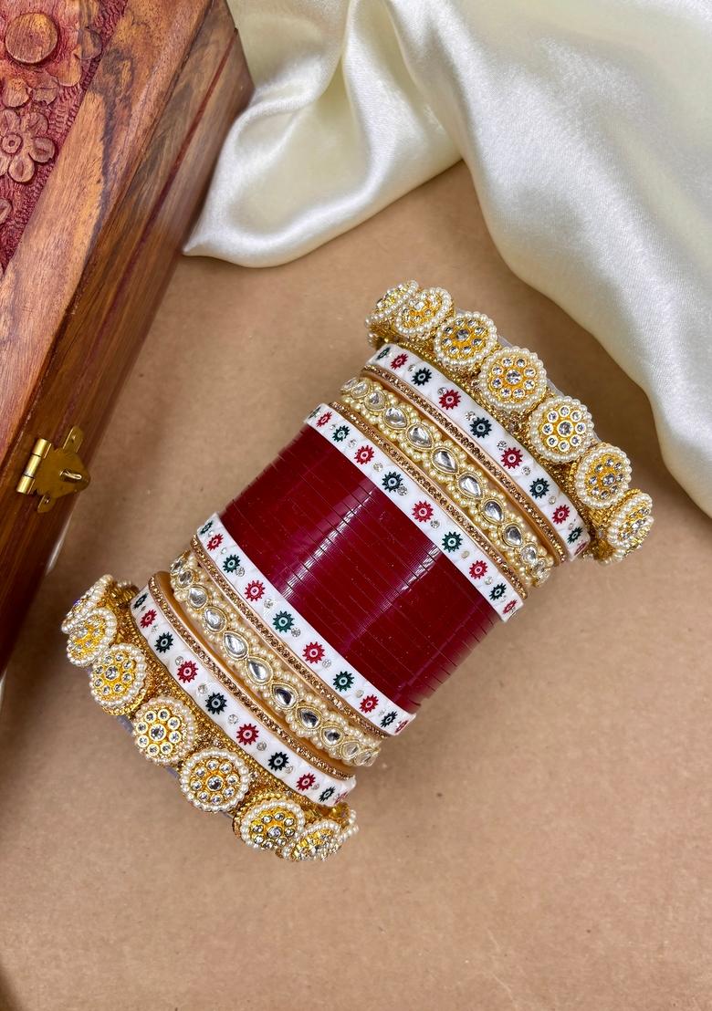 Red Punjabi Chuda Metal And Plastic Wedding Chuda Bangle Set