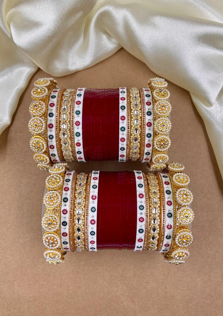 Red Punjabi Chuda Metal And Plastic Wedding Chuda Bangle Set