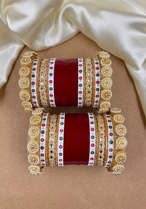 Red Punjabi Chuda Metal And Plastic Wedding Chuda Bangle Set