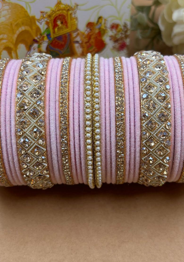 Baby Pink Velvet Metal And Plastic Wedding Chuda Bangle Set