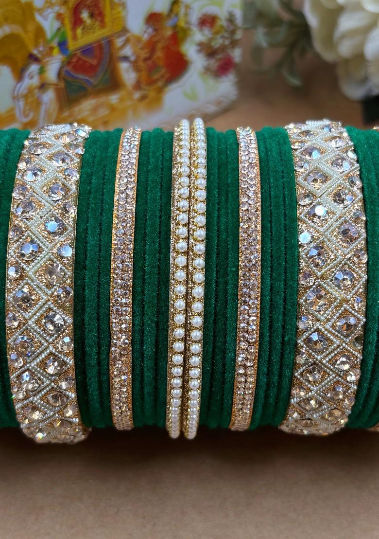 Green Velvet Metal And Plastic Wedding Chuda Bangle Set