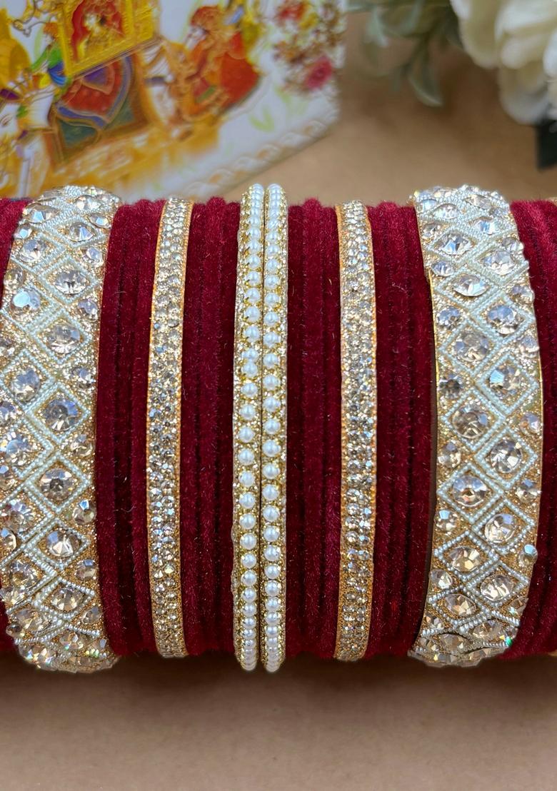 Maroon Velvet Metal And Plastic Wedding Chuda Bangle Set