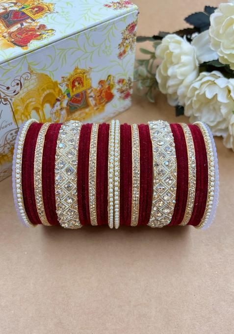 Maroon Velvet Metal And Plastic Wedding Chuda Bangle Set