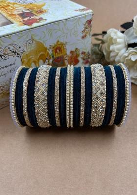 Navy Blue Velvet Metal And Plastic Wedding Chuda Bangle Set