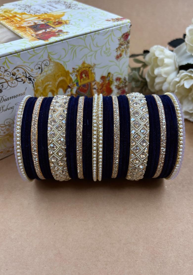 Peacock Blue Velvet Metal And Plastic Wedding Chuda Bangle Set