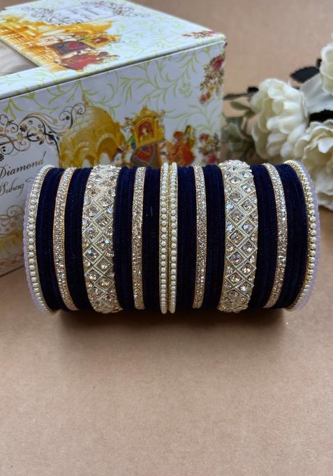 Peacock Blue Velvet Metal And Plastic Wedding Chuda Bangle Set