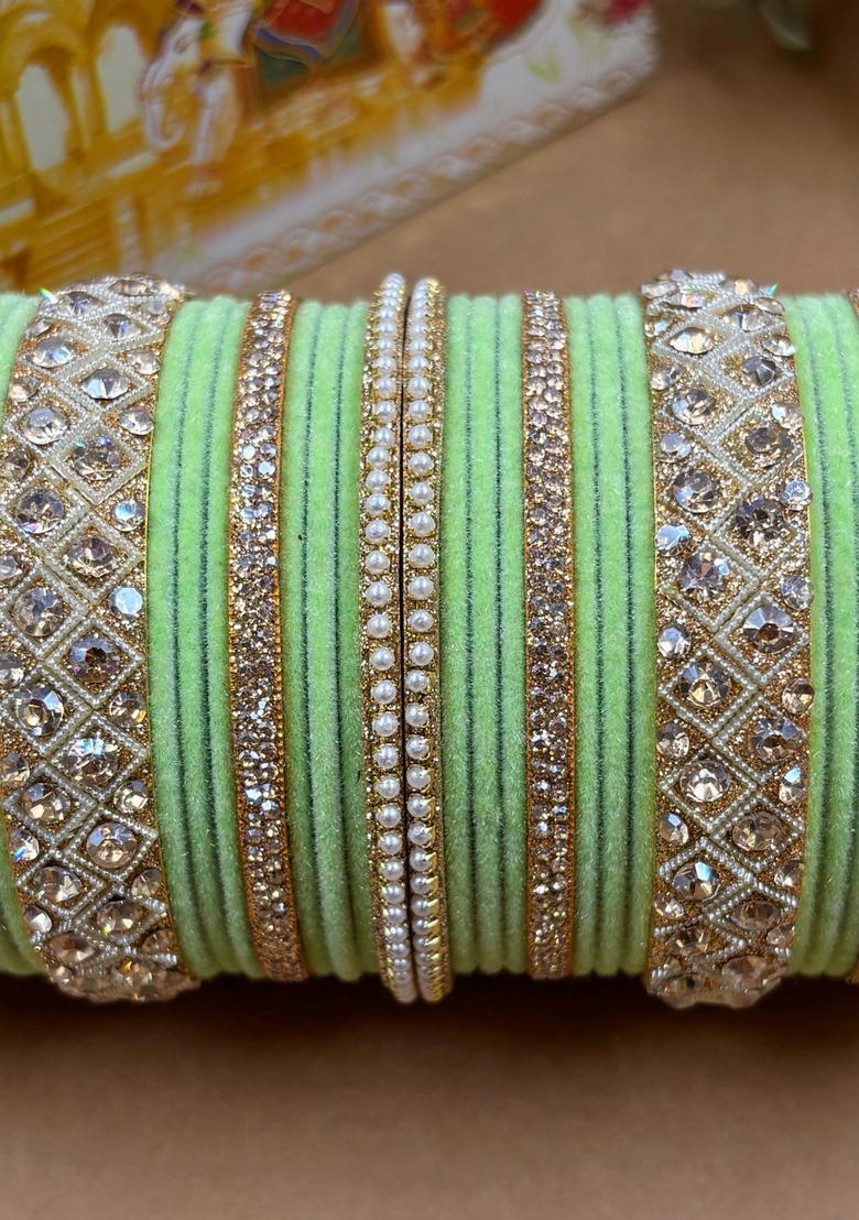 Pista Green Velvet Metal And Plastic Wedding Chuda Bangle Set
