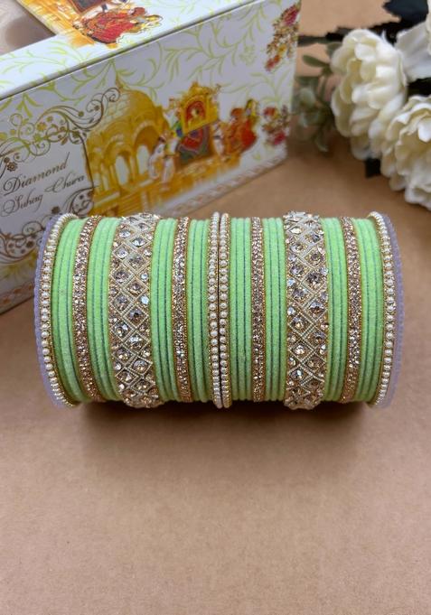 Pista Green Velvet Metal And Plastic Wedding Chuda Bangle Set