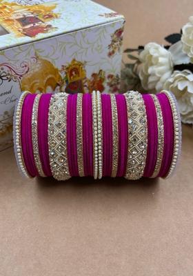 Rani Pink Velvet Metal And Plastic Wedding Chuda Bangle Set