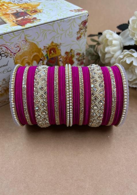 Rani Pink Velvet Metal And Plastic Wedding Chuda Bangle Set