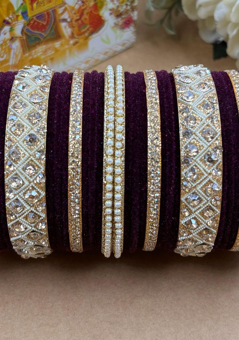 Wine Velvet Metal And Plastic Wedding Chuda Bangle Set