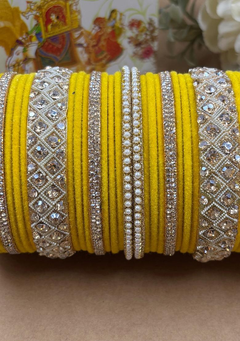 Yellow Velvet Metal And Plastic Wedding Chuda Bangle Set