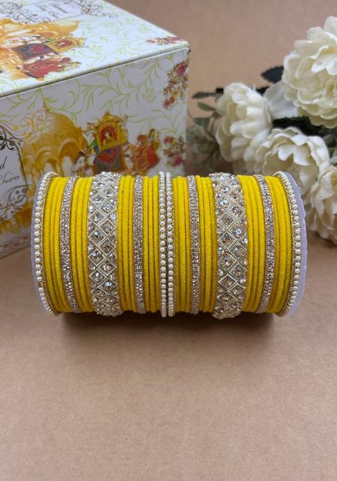 Yellow Velvet Metal And Plastic Wedding Chuda Bangle Set