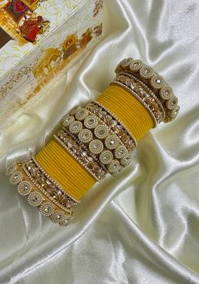 Yellow Velvet Metal And Plastic Wedding Chuda Bangle Set