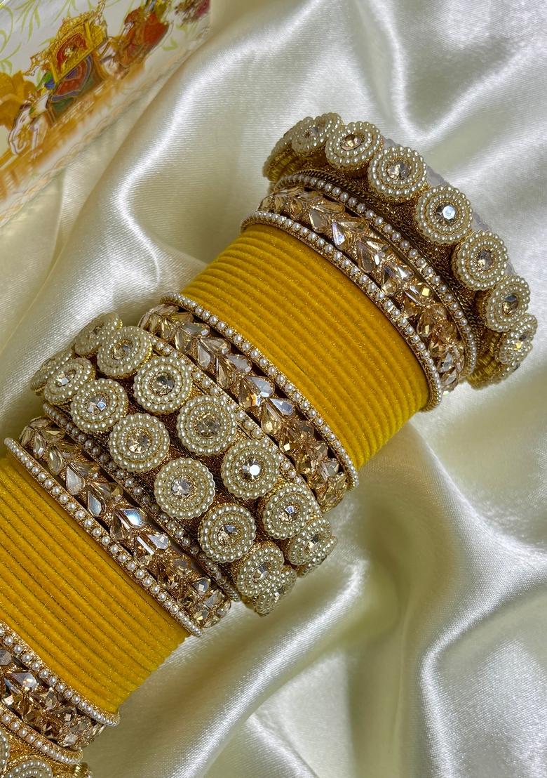 Yellow Velvet Metal And Plastic Wedding Chuda Bangle Set
