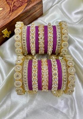 Onion Pink Velvet Metal And Plastic Wedding Chuda Bangle Set
