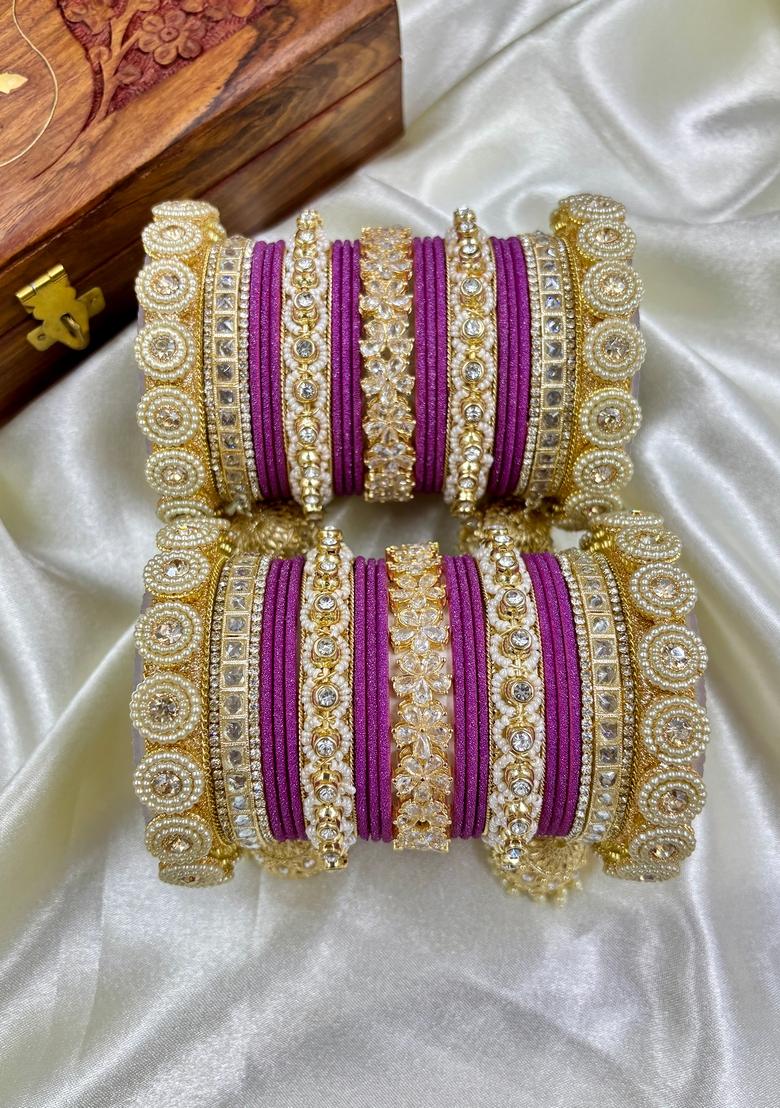Onion Pink Velvet Metal And Plastic Wedding Chuda Bangle Set