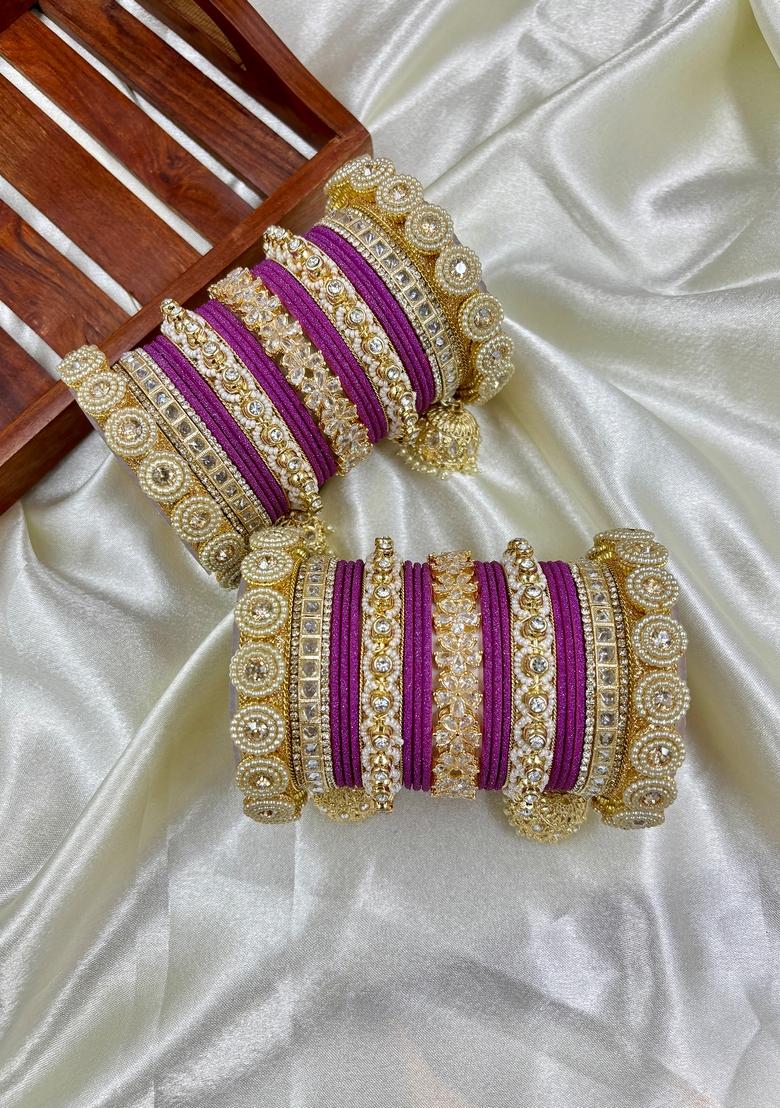 Onion Pink Velvet Metal And Plastic Wedding Chuda Bangle Set
