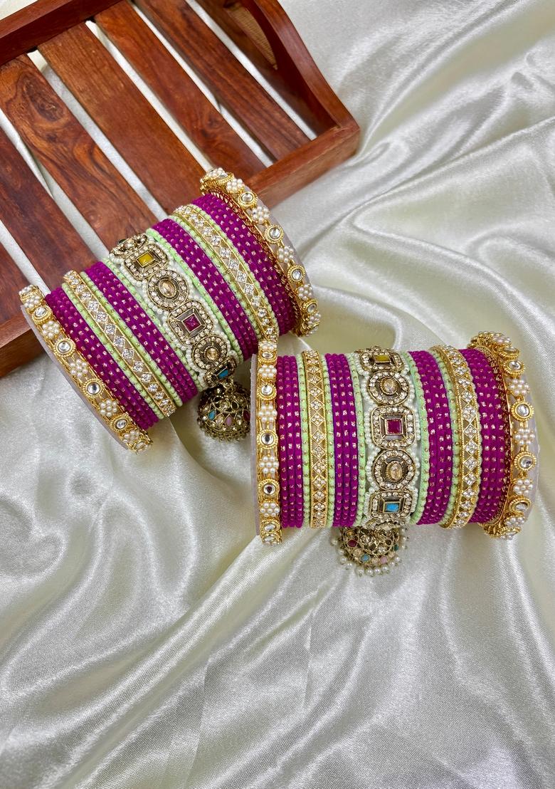 Magenta Velvet Multy Set Metal And Plastic Wedding Chuda Bangle Set