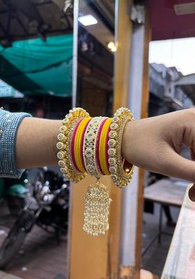 Multi Velvet Latkan Metal And Plastic Wedding Chuda Bangle Set
