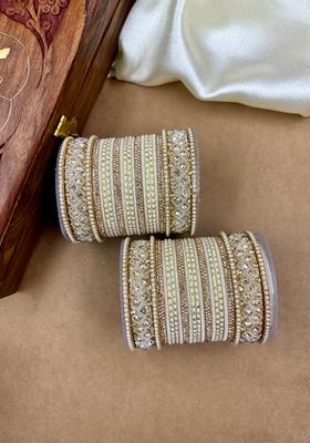 Cream Velvet Dot Metal And Plastic Wedding Chuda Bangle Set