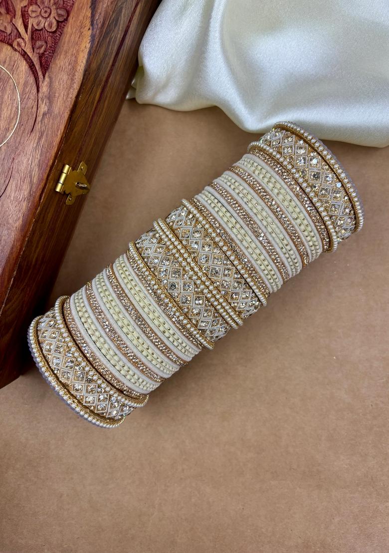 Cream Velvet Dot Metal And Plastic Wedding Chuda Bangle Set