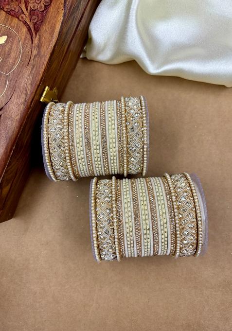 Cream Velvet Dot Metal And Plastic Wedding Chuda Bangle Set