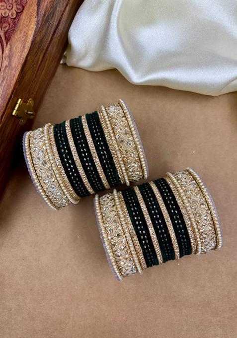 Kai Green Velvet Dot Metal And Plastic Wedding Chuda Bangle Set