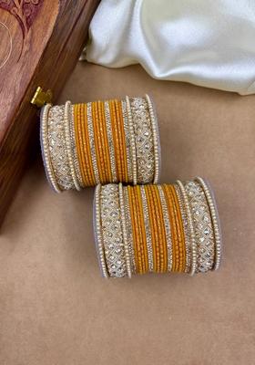 Haldi Yellow Velvet Dot Metal And Plastic Wedding Chuda Bangle Set