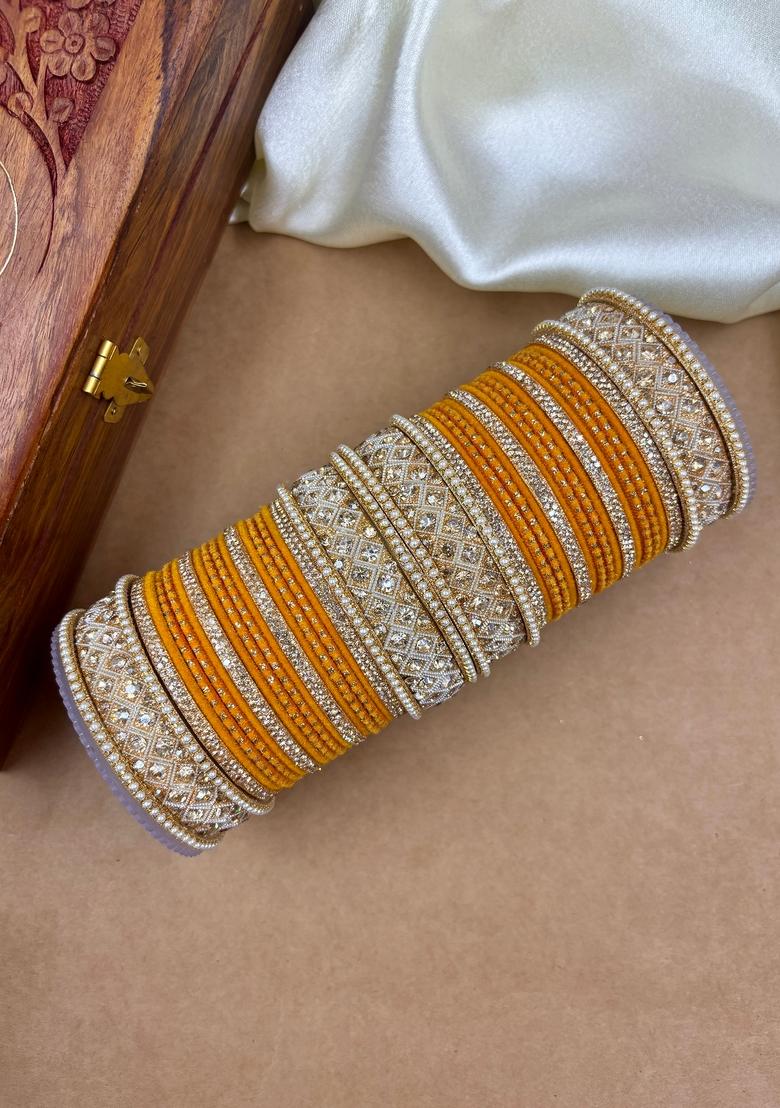 Haldi Yellow Velvet Dot Metal And Plastic Wedding Chuda Bangle Set
