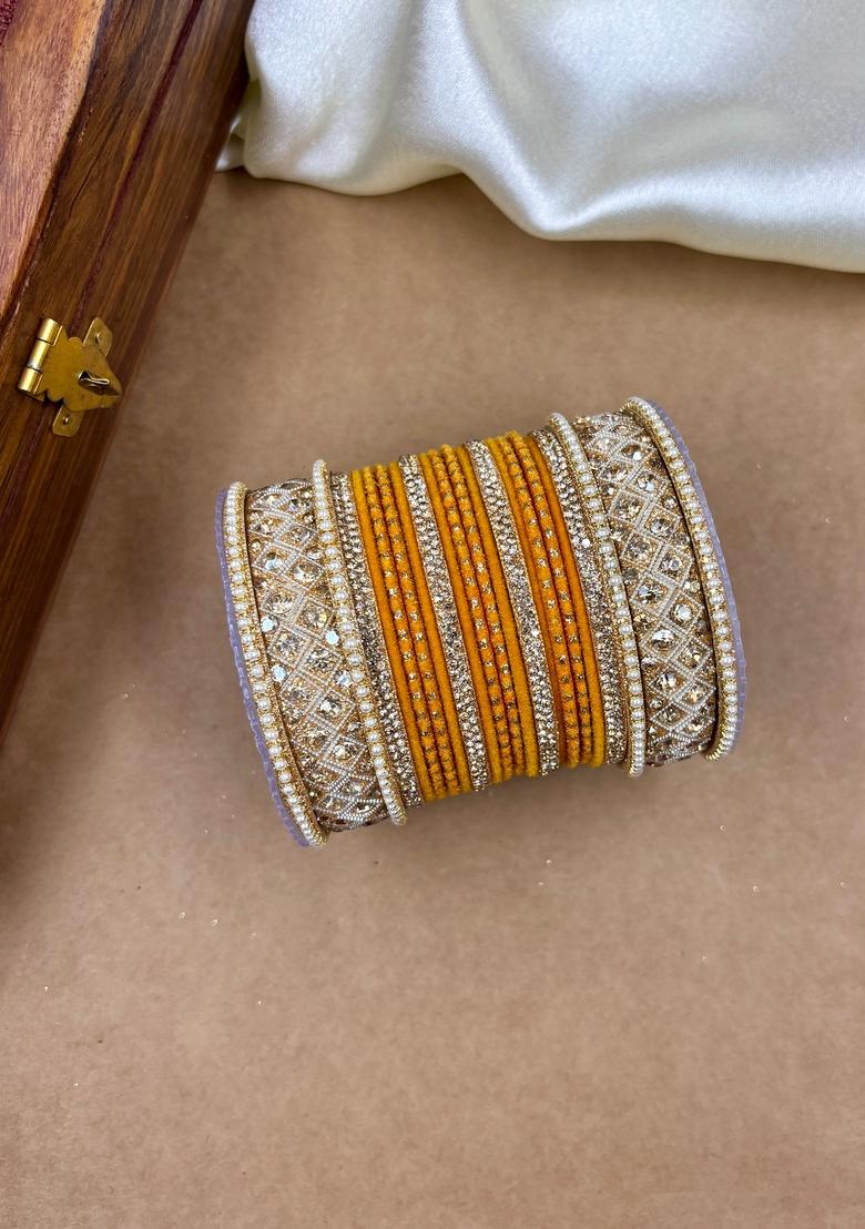 Haldi Yellow Velvet Dot Metal And Plastic Wedding Chuda Bangle Set