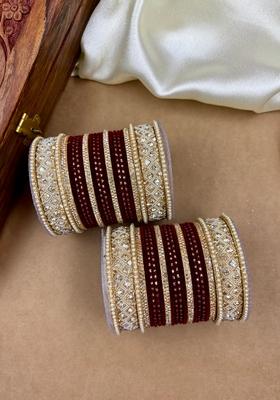 Maroon Velvet Dot Metal And Plastic Wedding Chuda Bangle Set