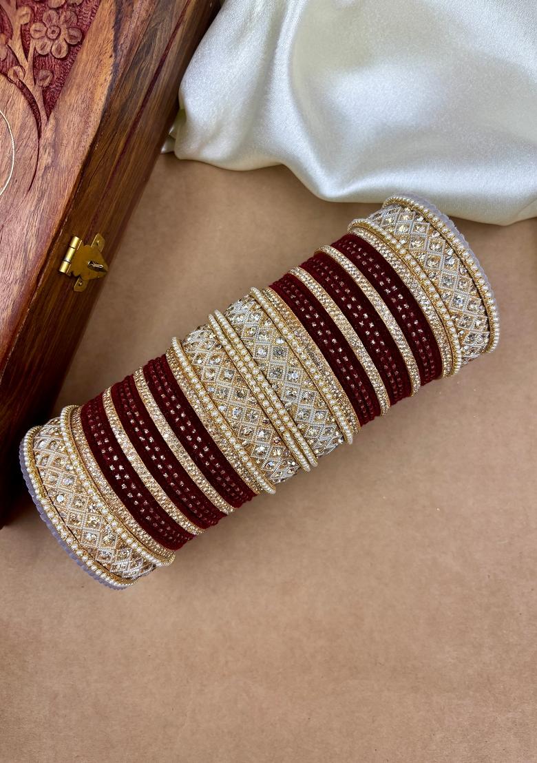 Maroon Velvet Dot Metal And Plastic Wedding Chuda Bangle Set