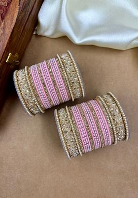 Pink Velvet Dot Metal And Plastic Wedding Chuda Bangle Set