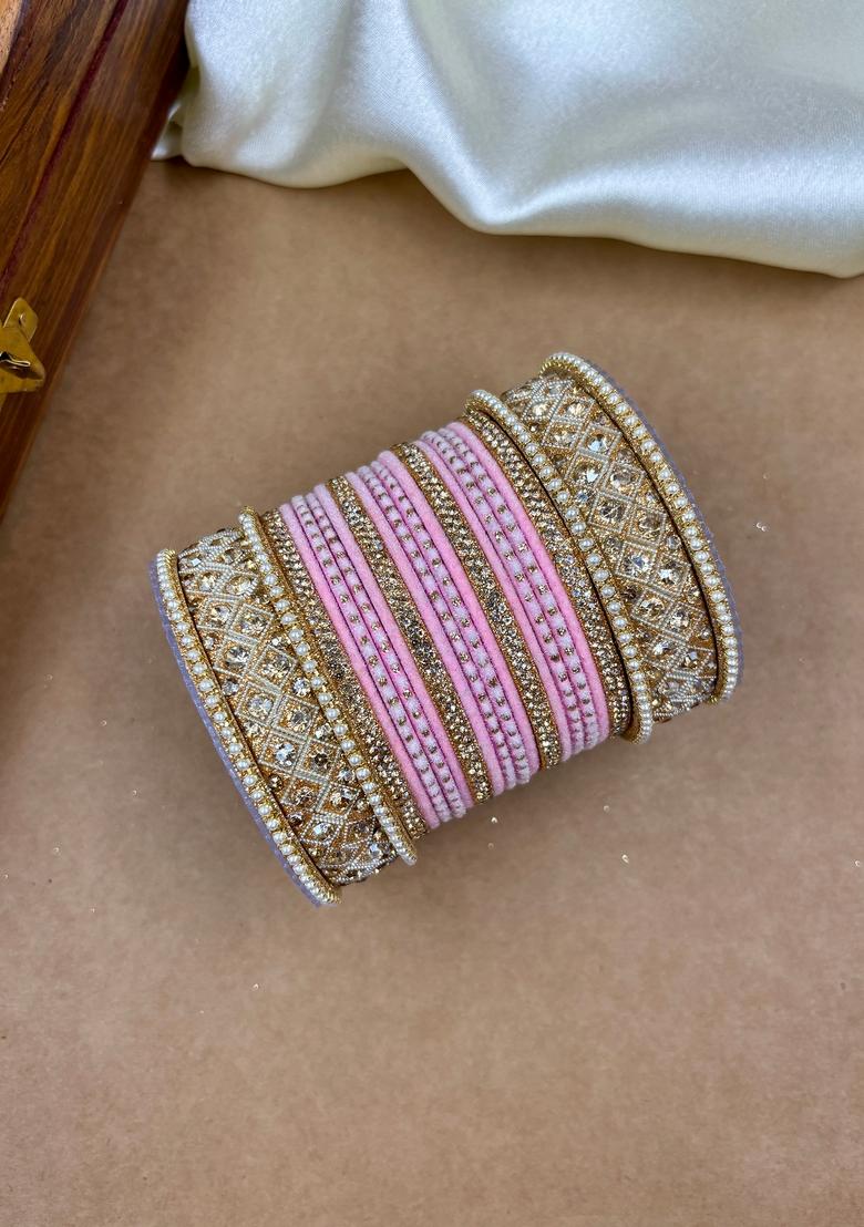 Pink Velvet Dot Metal And Plastic Wedding Chuda Bangle Set