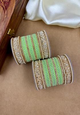 Pista Green Velvet Dot Metal And Plastic Wedding Chuda Bangle Set
