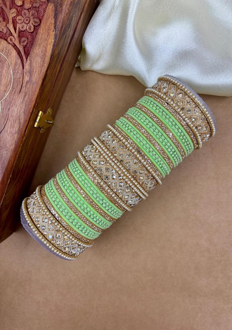 Pista Green Velvet Dot Metal And Plastic Wedding Chuda Bangle Set