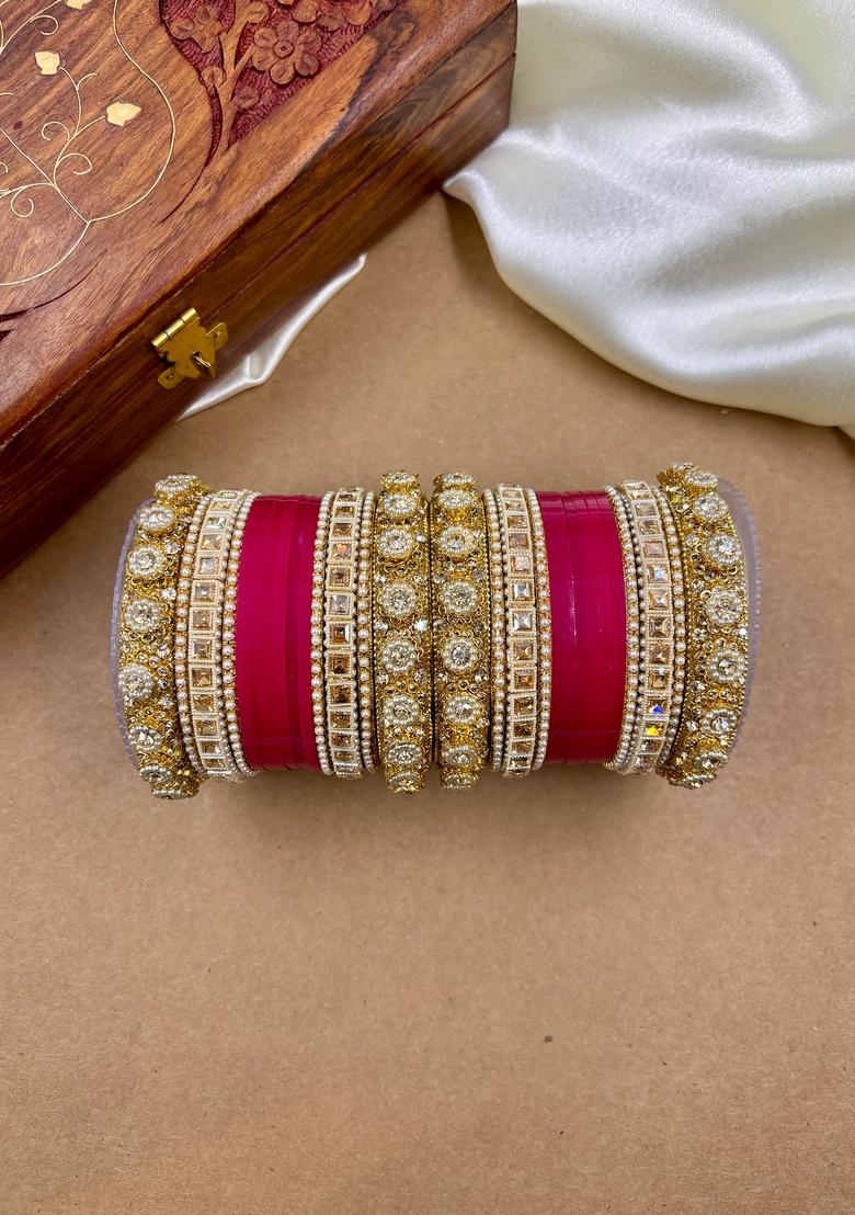 Rani Pink Punjabi Chuda Metal And Plastic Wedding Chuda Bangle Set