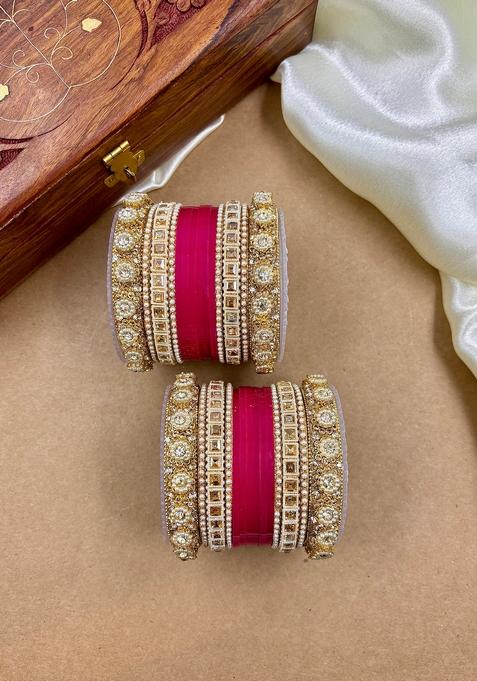 Rani Pink Punjabi Chuda Metal And Plastic Wedding Chuda Bangle Set